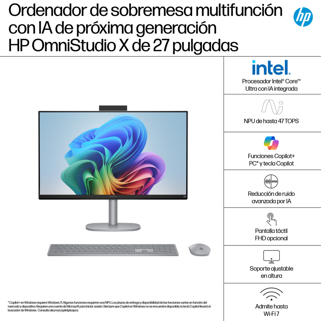 HP OmniStudio X 27-cs1006ns Copilot+ PC Intel Core Ultra 5 226V 68,6 cm (27") 1920 x 1080 Pixeles PC todo en uno 16 GB LPDDR5x-SDRAM 1 TB SSD Windows 11 Home Wi-Fi 6E (802.11ax) Plata (4)