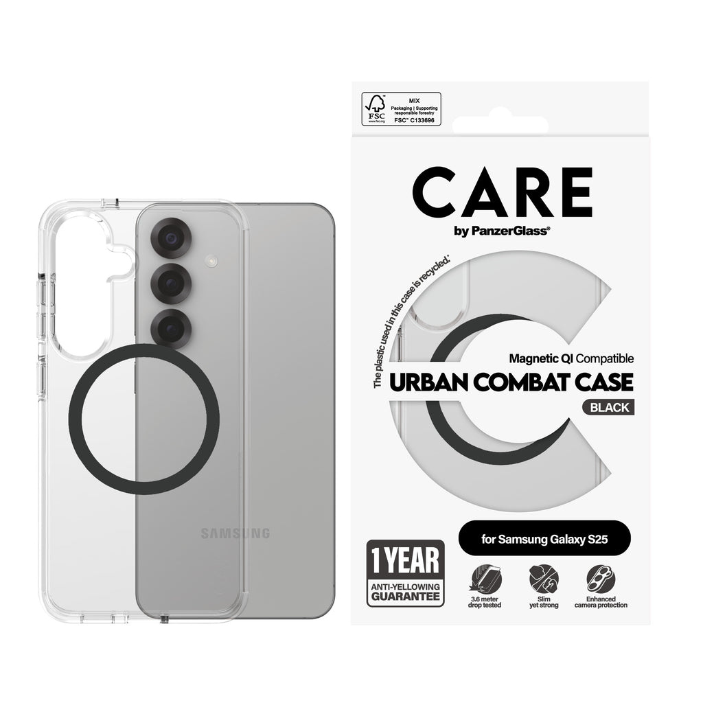 PanzerGlass CARE™ by ® Funda Urban Combat Transparente con Qi compatible Negro (CRRFUBQG38388)