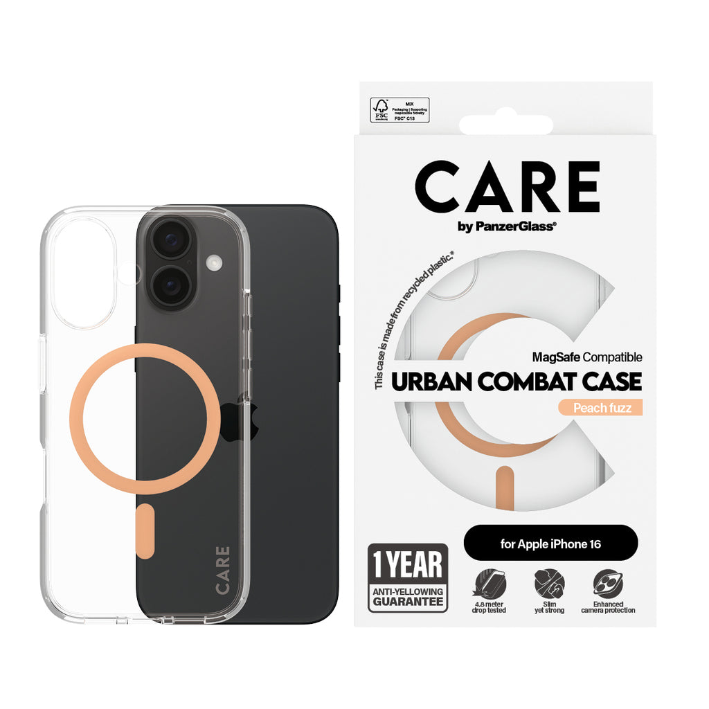 PanzerGlass CARE™ by ® Urban Combat Case Transparent w. Peachy MagSafe iPhone 16 funda para teléfono móvil Transparente (2)