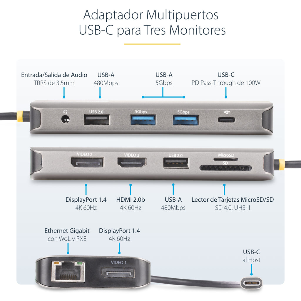 StarTech.com 154B-USBC-MULTIPORT base para portátil y replicador de puertos