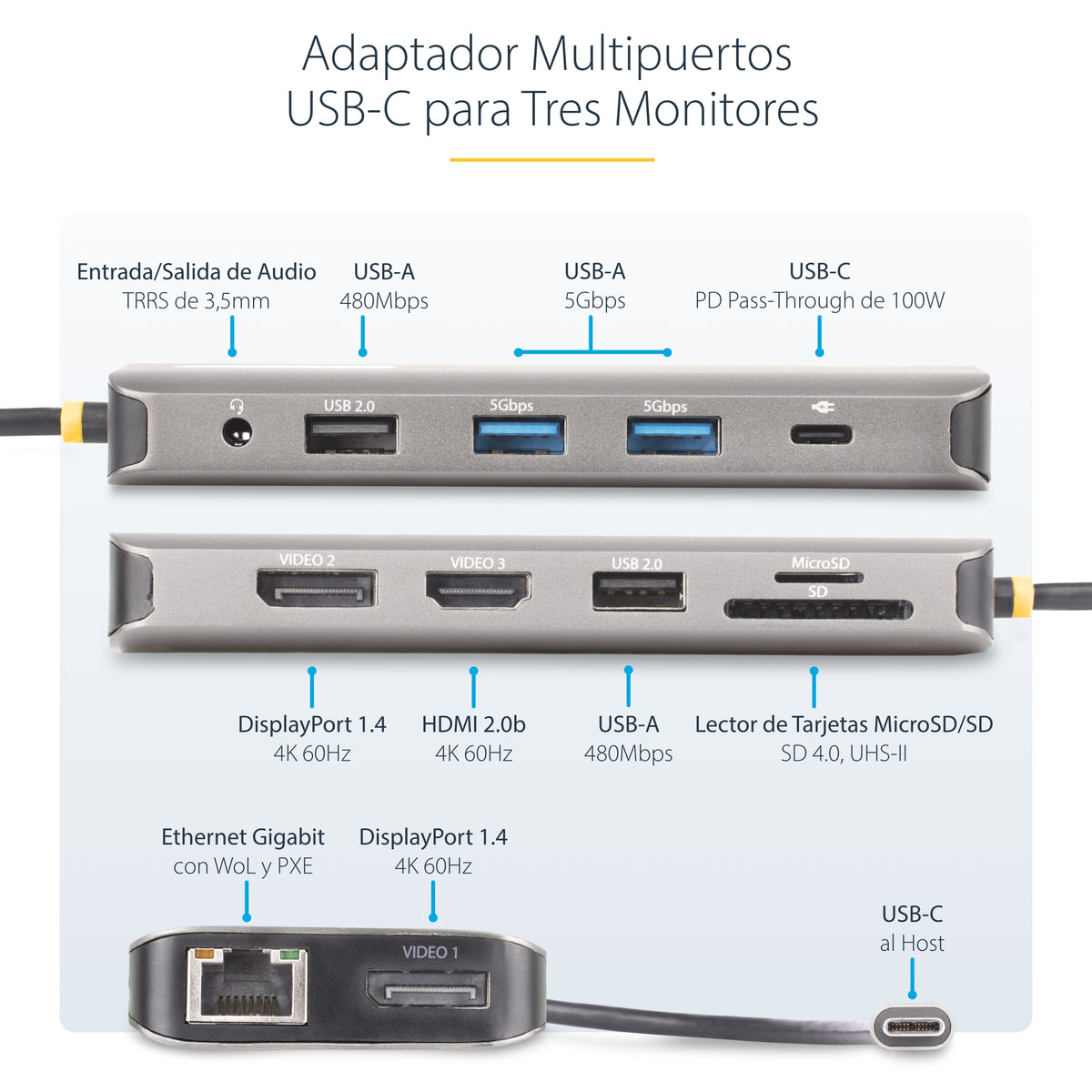 StarTech.com 154B-USBC-MULTIPORT base para portátil y replicador de puertos