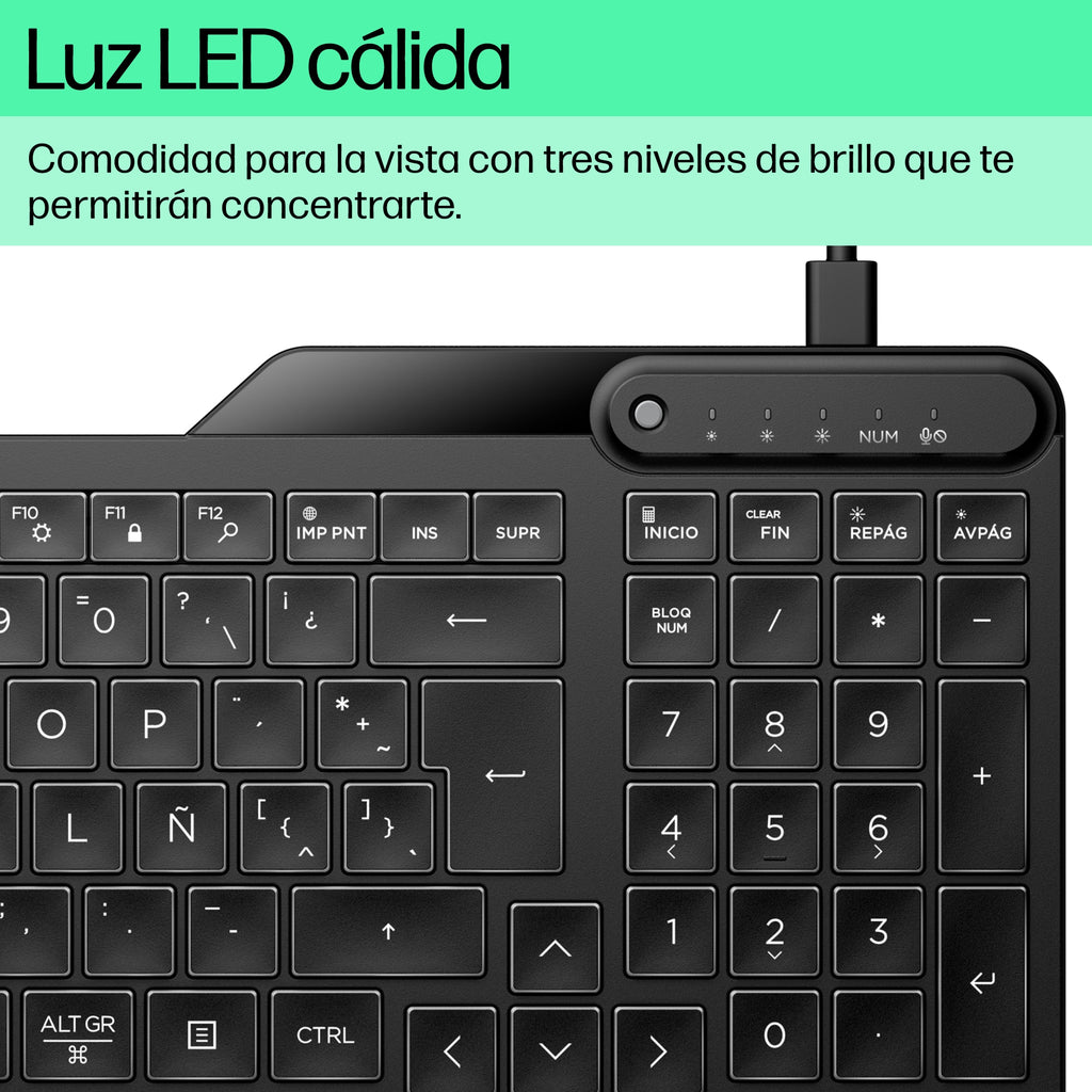 HP 400 Backlit Wired Keyboard teclado Hogar USB QWERTY Inglés Negro (8)