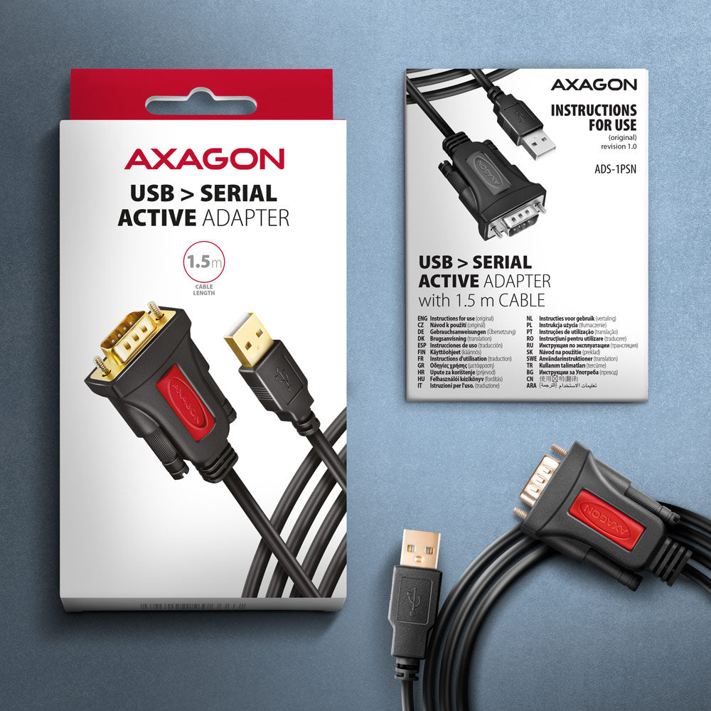Axagon ADS-1PSN USB-A 2.0 - serial RS-232 DB9-M Prolific adapter cable 1.5m - Adapter - Digital/Daten cable de serie Negro 1,5 m USB tipo A (6)
