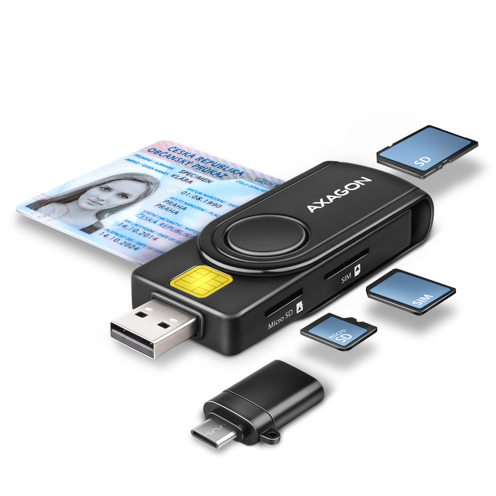 Axagon CRE-SMP2A USB Smart card & SD/microSD/SIM PocketReader lector de tarjeta inteligente Interior USB Type-A/USB Type-C Negro