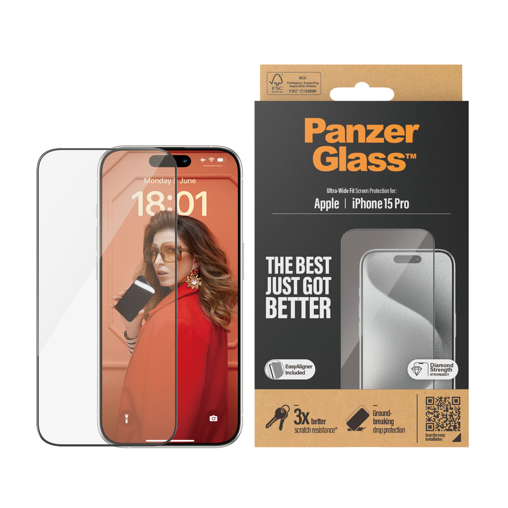 PanzerGlass ® Screen Protector iPhone 15 Pro | Ultra-Wide Fit w. EasyAligner Protector de pantalla Apple 1 pieza(s) (2)