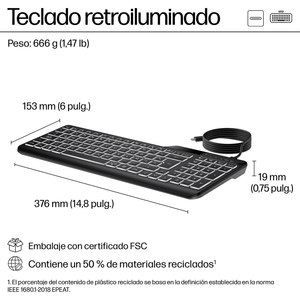 HP 400 Backlit Wired Keyboard teclado Hogar USB Negro (4)
