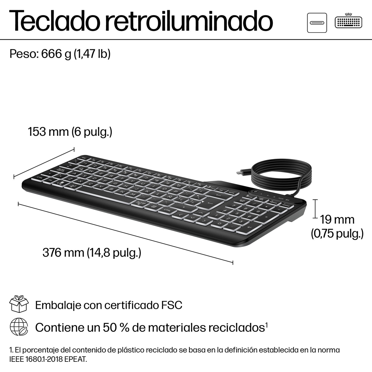 HP 400 Backlit Wired Keyboard teclado Hogar USB Negro (4)