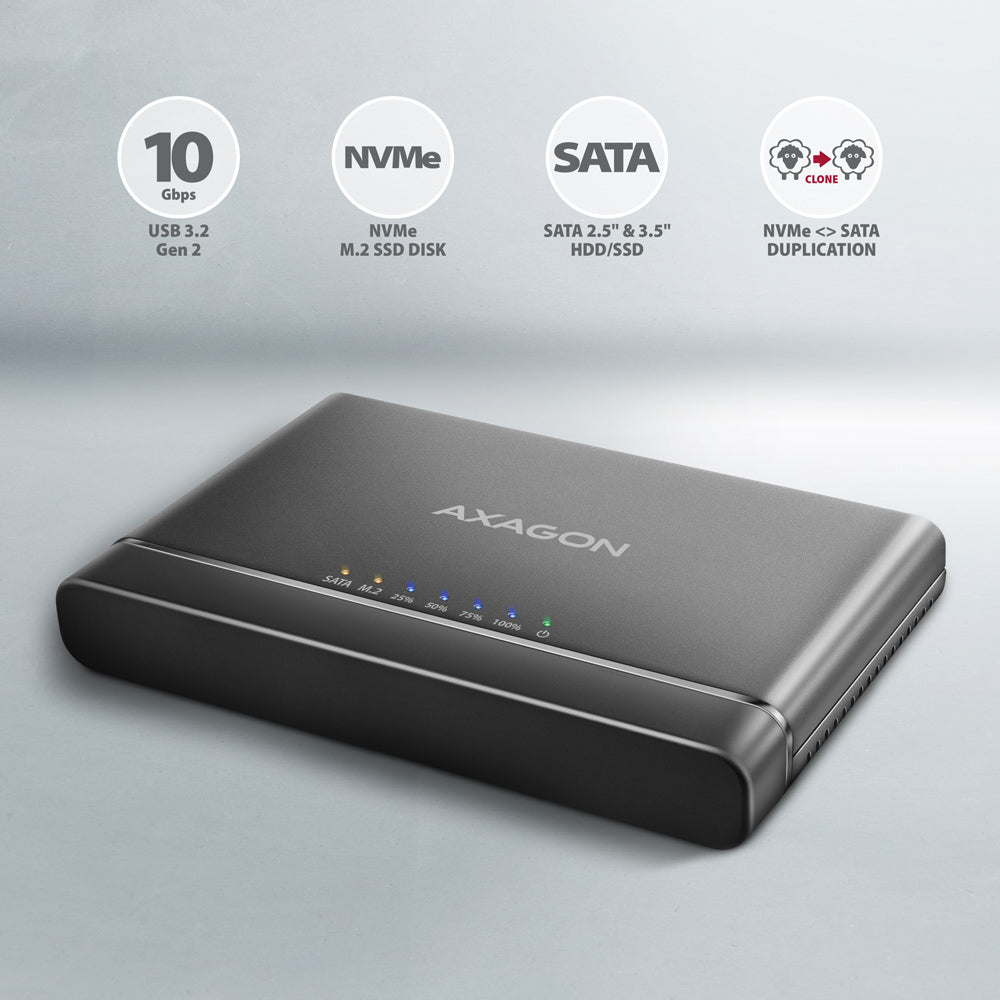 Axagon ADSA-CC USB-C 10Gbps - NVMe M.2 SSD & SATA 2.5/3.5 SSD/HDD CLONE MASTER 2 - Digital/Daten - NVMe USB 3.2 Gen 2 (3.1 Gen 2) Type-C Negro (2)