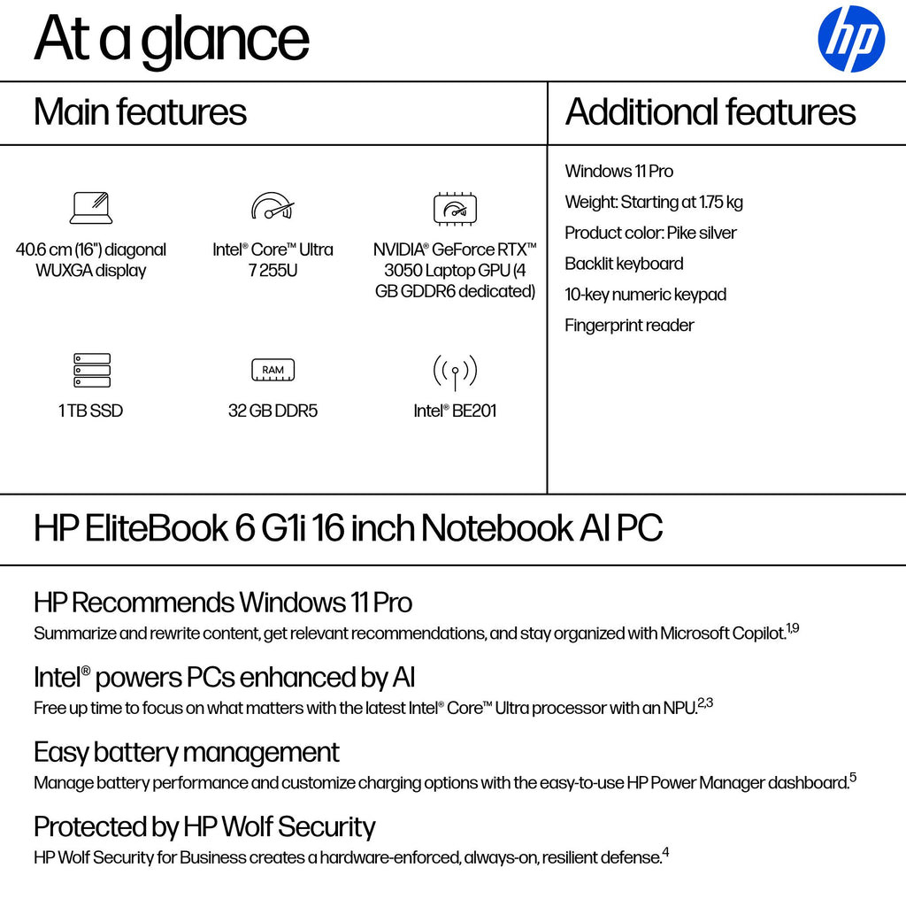 HP EliteBook 6 G1i AI Intel Core Ultra 7 255U Laptop 40.6 cm (16") WUXGA 32 GB DDR5-SDRAM 1 TB SSD Wi-Fi 7 (802.11be) Windows 11 Pro AI PC Silver (5)