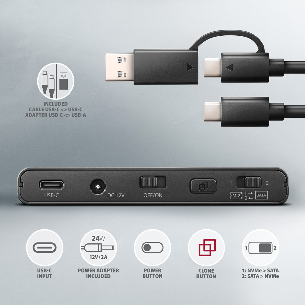 Axagon ADSA-CC USB-C 10Gbps - NVMe M.2 SSD & SATA 2.5/3.5 SSD/HDD CLONE MASTER 2 - Digital/Daten - NVMe USB 3.2 Gen 2 (3.1 Gen 2) Type-C Negro (8)