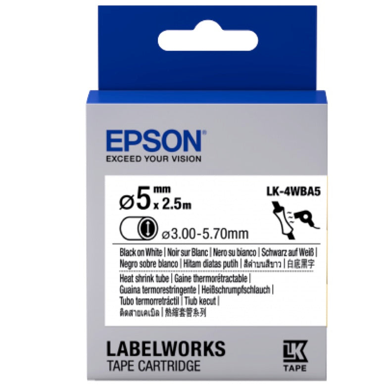 Cartucho de tubo termorretráctil Epson LK-4WBA5 negro sobre blanco 5 mm