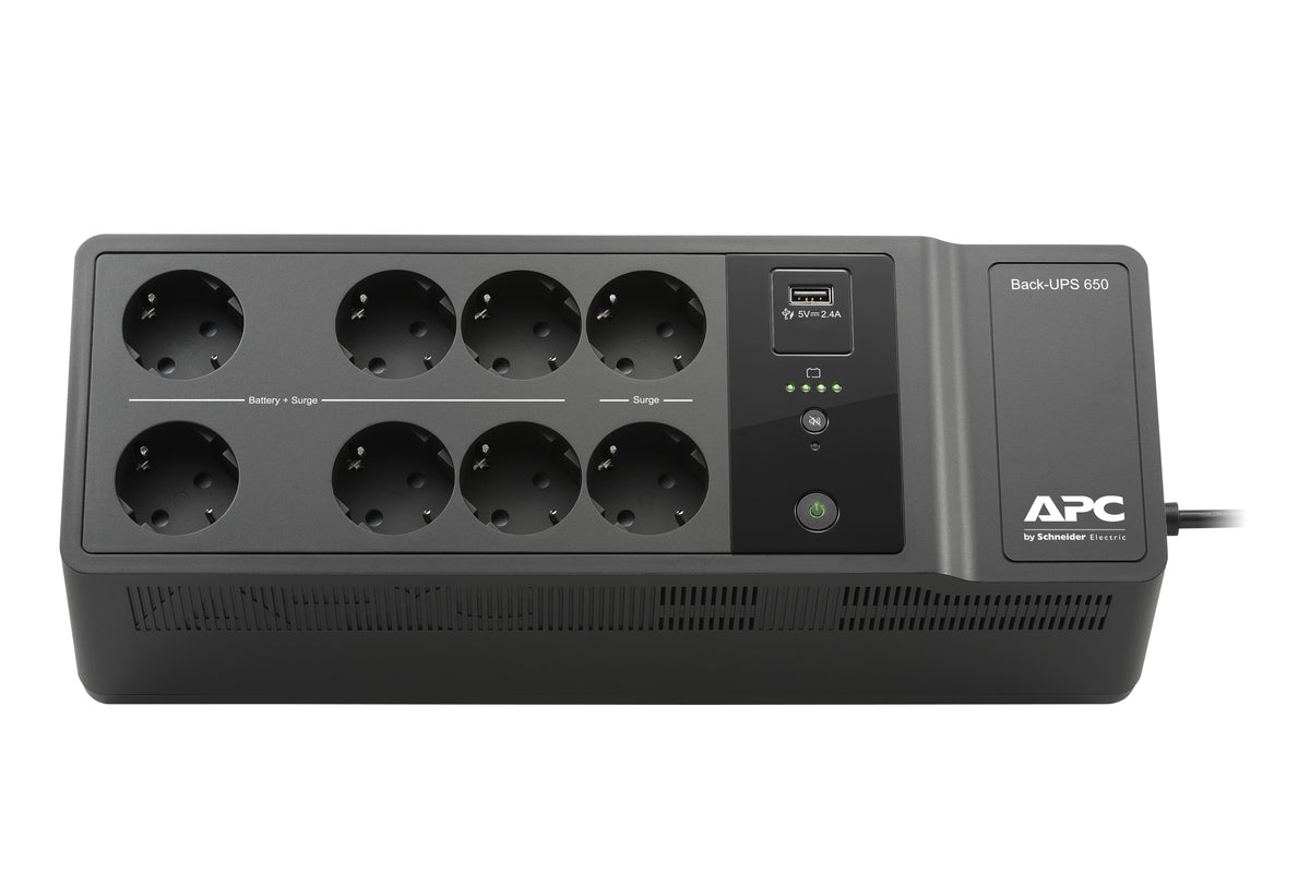 APC Back-UPS 650VA 230V 1 USB charging port - (Offline-) USV sistema de alimentación ininterrumpida (UPS) En espera (Fuera de línea) o Standby (Offline) 0,65 kVA 400 W 8 salidas AC (3)