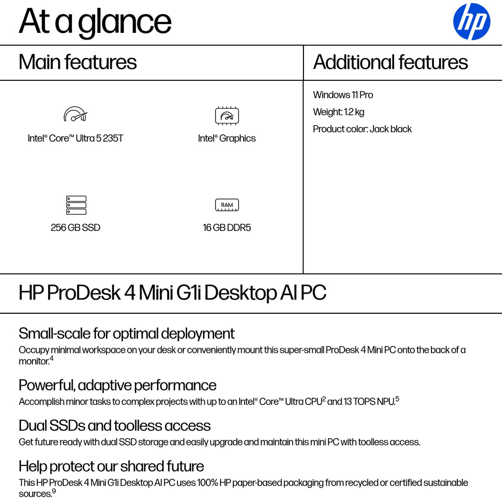 HP ProDesk 4 Mini G1i Intel Core Ultra 5 235T 16 GB DDR5-SDRAM 256 GB SSD Windows 11 Pro Mini PC AI PC Black (3)