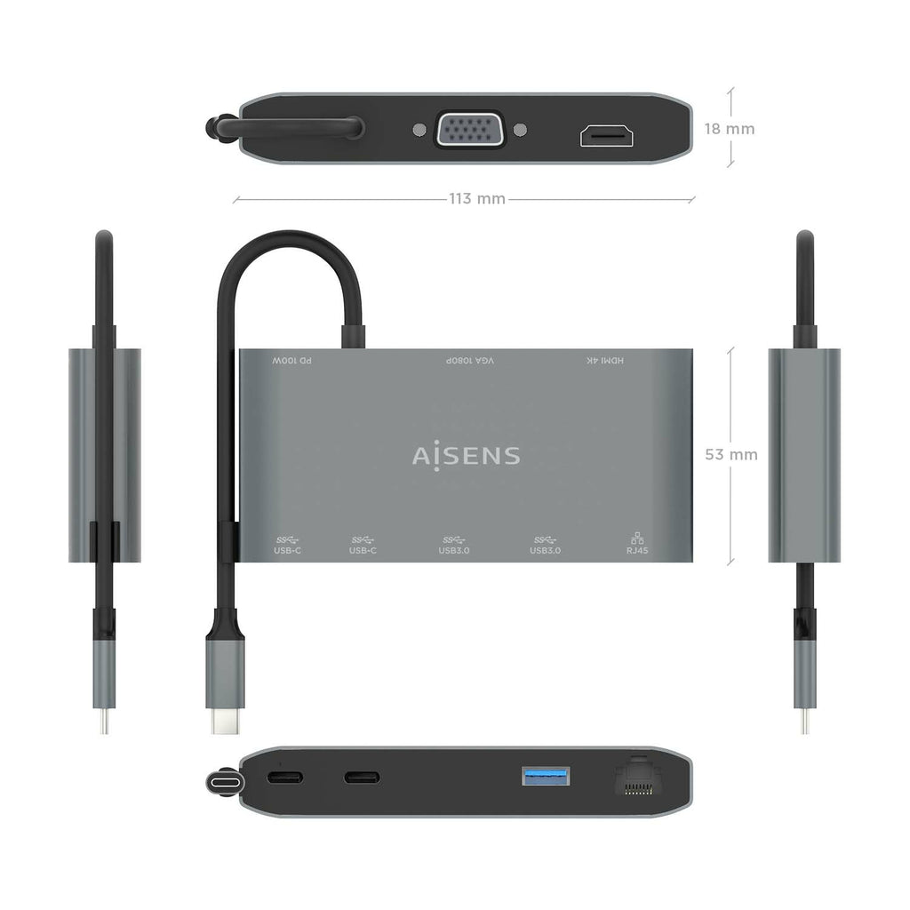 AISENS ASUC-8P010-GR base para portátil y replicador de puertos Alámbrico USB 3.2 Gen 1 (3.1 Gen 1) Type-C (5)