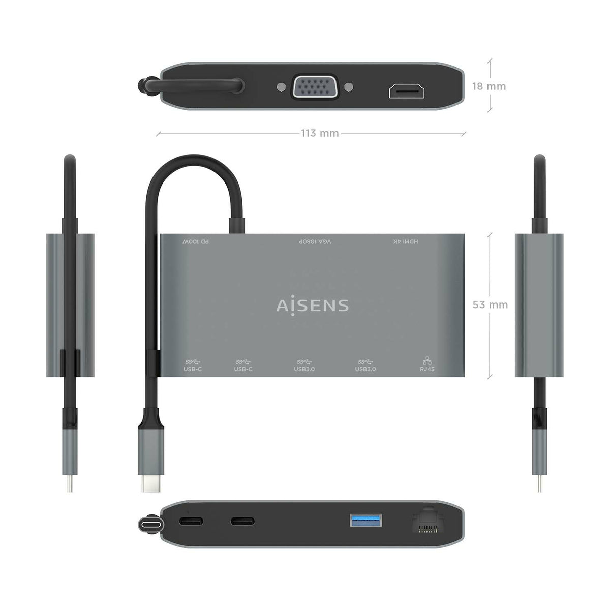 AISENS ASUC-8P010-GR base para portátil y replicador de puertos Alámbrico USB 3.2 Gen 1 (3.1 Gen 1) Type-C (5)