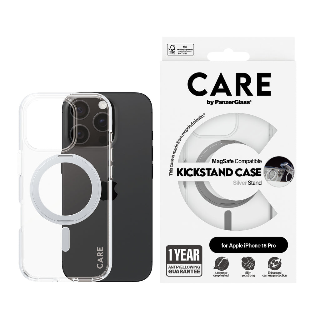 PanzerGlass CARE™ by ® Case Transparent w. Silver Kickstand & MagSafe iPhone 16 Pro funda para teléfono móvil Transparente (2)