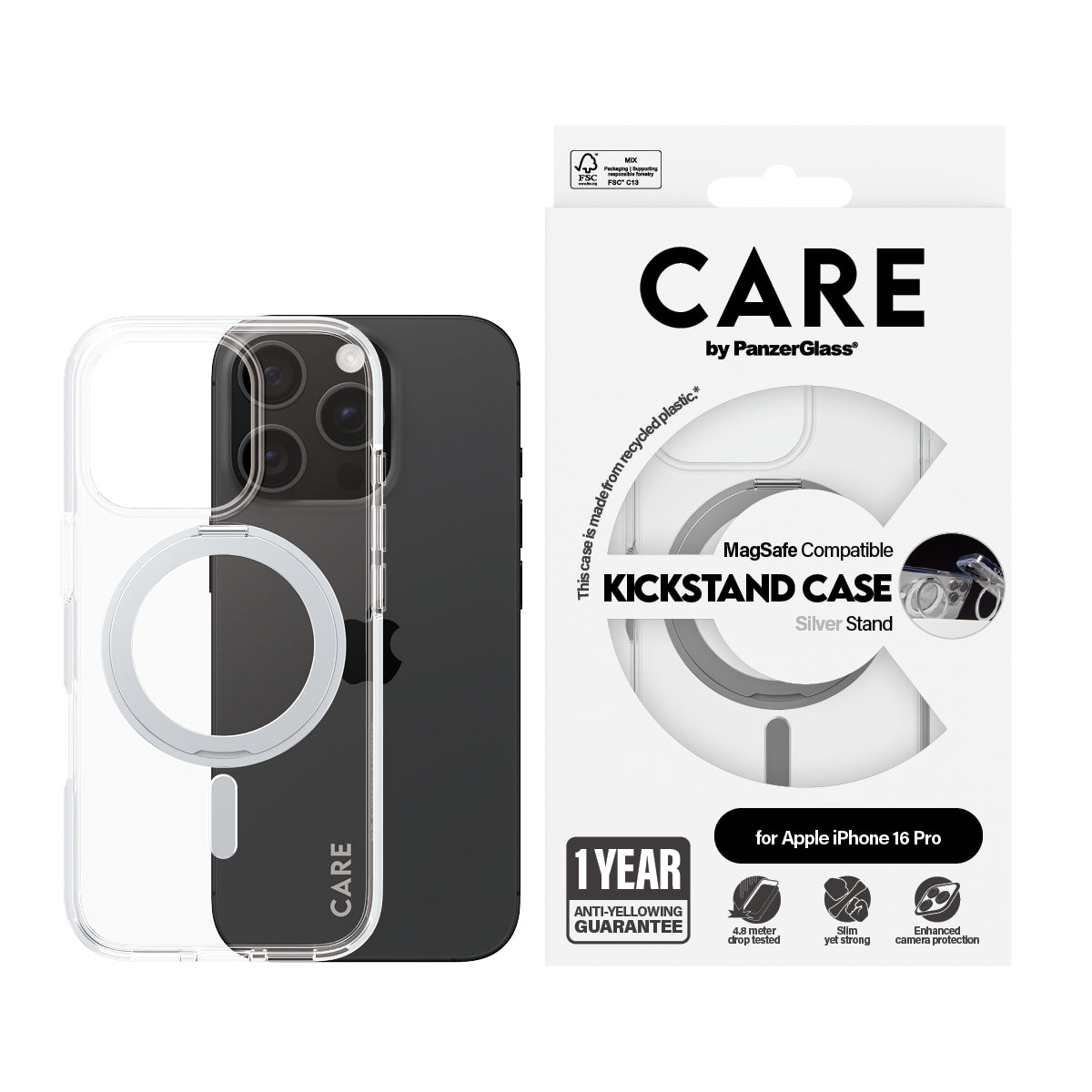 PanzerGlass CARE™ by ® Case Transparent w. Silver Kickstand & MagSafe iPhone 16 Pro funda para teléfono móvil Transparente (2)