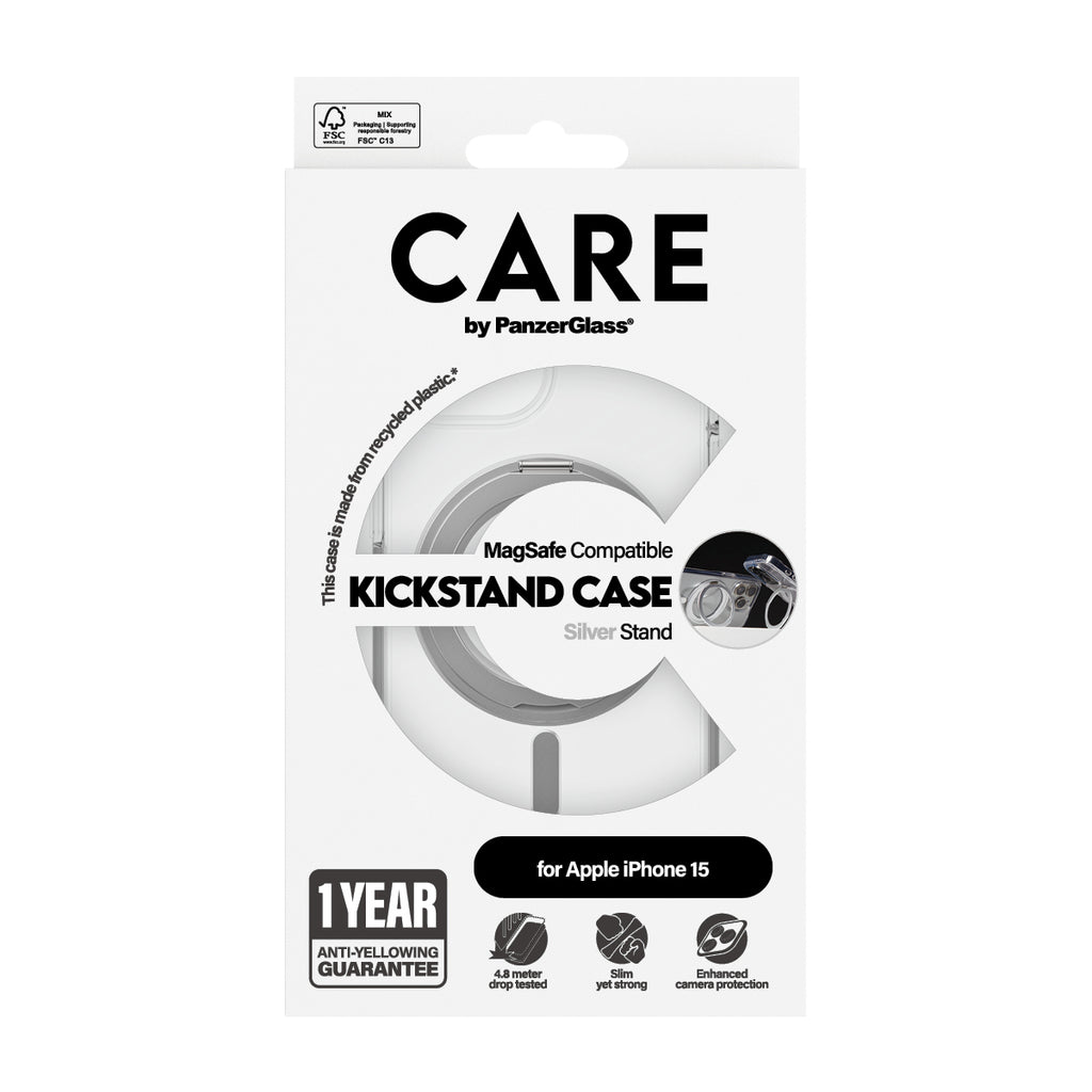 PanzerGlass CARE™ by ® Case Transparent w. Silver Kickstand & MagSafe iPhone 15 funda para teléfono móvil 15,5 cm (6.1") Transparente (3)