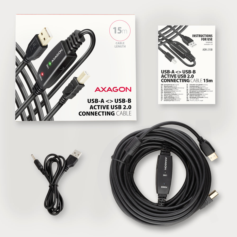 Axagon ADR-215B USB 2.0 A-M -> B-M active connecting/repeater cable 15m - Kabel - Digital/Daten cable USB USB A USB B 0,48 Gbit/s Negro (8)