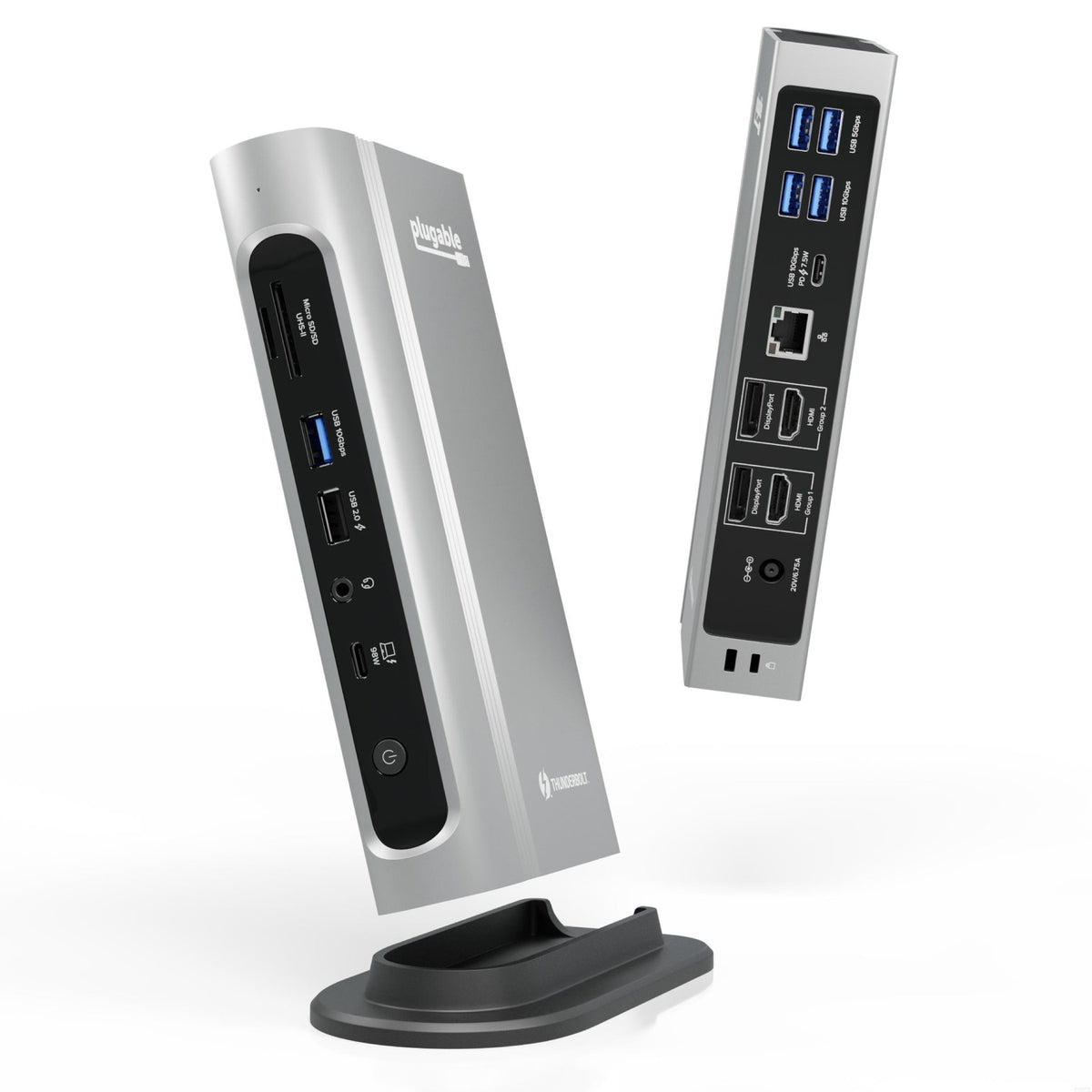 Plugable Technologies TBT4-UDZ-UK base para portátil y replicador de puertos Alámbrico Thunderbolt 4 Negro, Plata