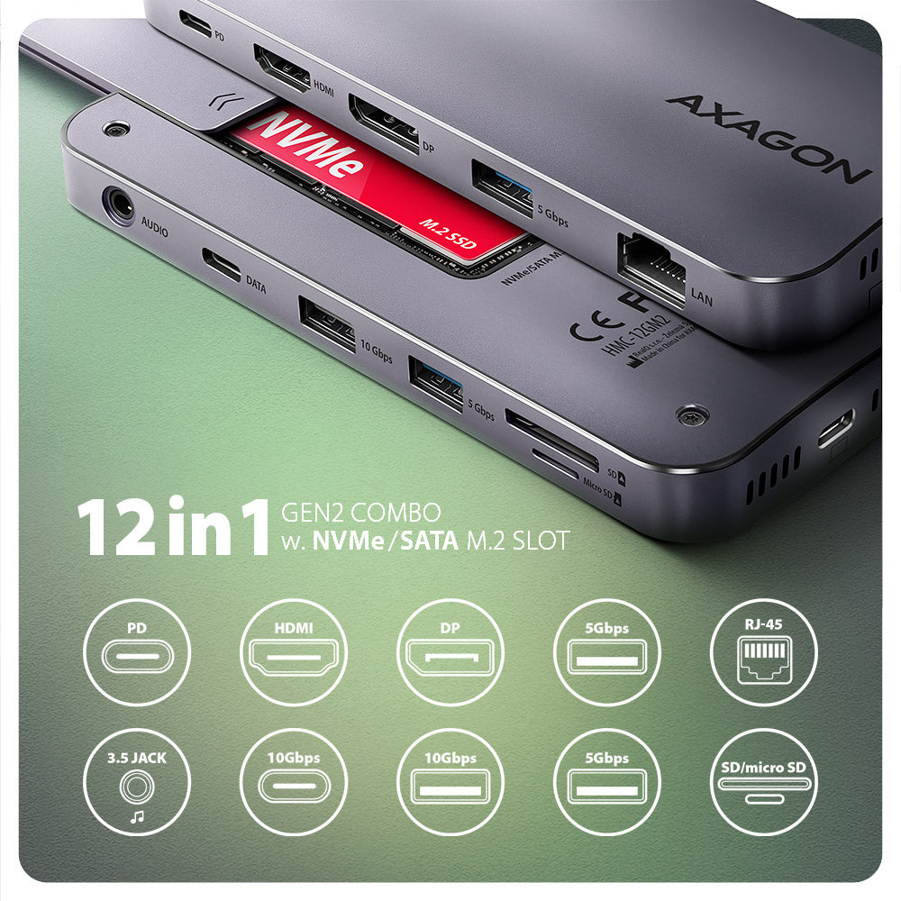 Axagon HMC-12GM2 base para portátil y replicador de puertos Alámbrico USB 3.2 Gen 2 (3.1 Gen 2) Type-C Gris (2)