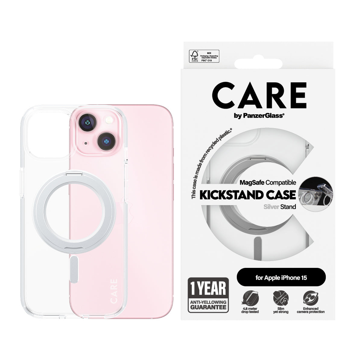 PanzerGlass CARE™ by ® Case Transparent w. Silver Kickstand & MagSafe iPhone 15 funda para teléfono móvil 15,5 cm (6.1") Transparente (2)
