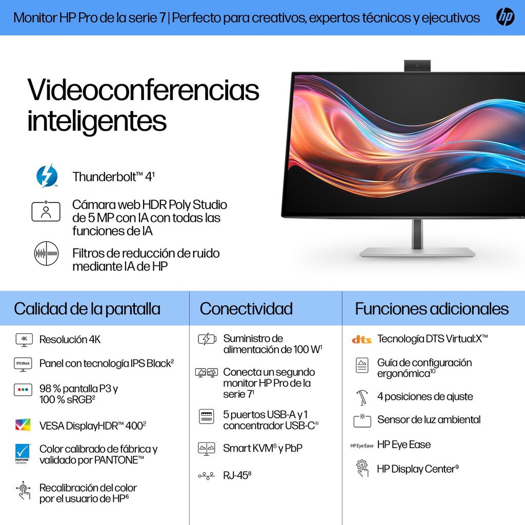 HP Series 7 Pro 27 inch 4K Conferencing Monitor - 727pm pantalla para PC 68,6 cm (27") 3840 x 2160 Pixeles 4K Ultra HD LCD Negro, Plata (8)