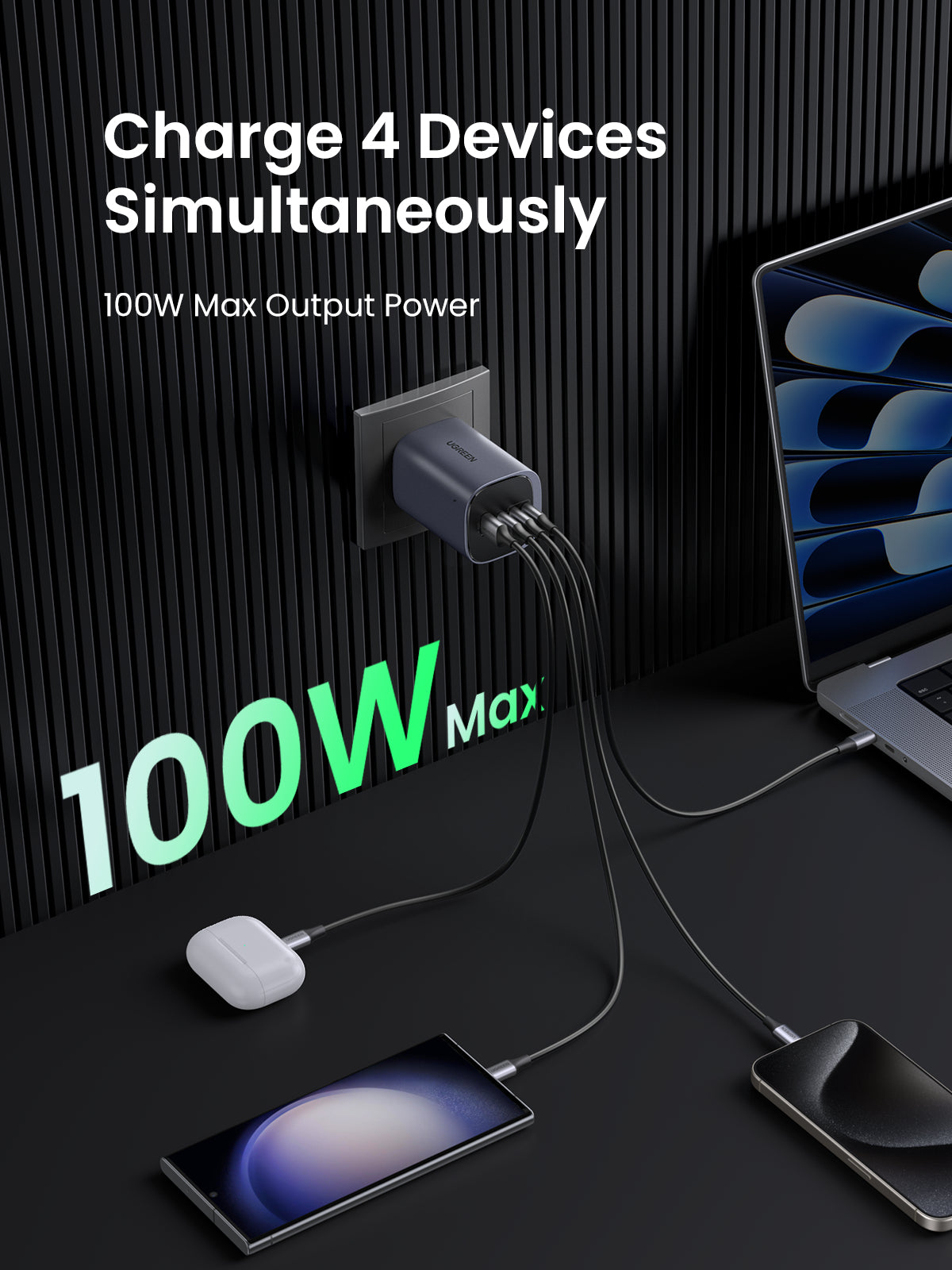Ugreen NEXODE S 100W GAN CHARGER Ordenador portátil, Teléfono móvil, Portátil, Batería portátil, Tableta, Wearables Corriente alterna Interior (4)