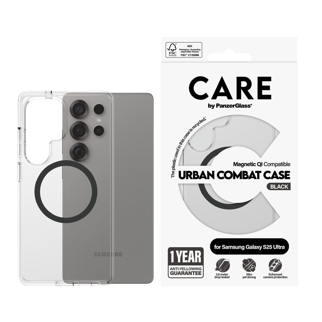 PanzerGlass CARE™ by ® Funda Urban Combat Transparente con Qi compatible Negro (CRRFUBQG38488)