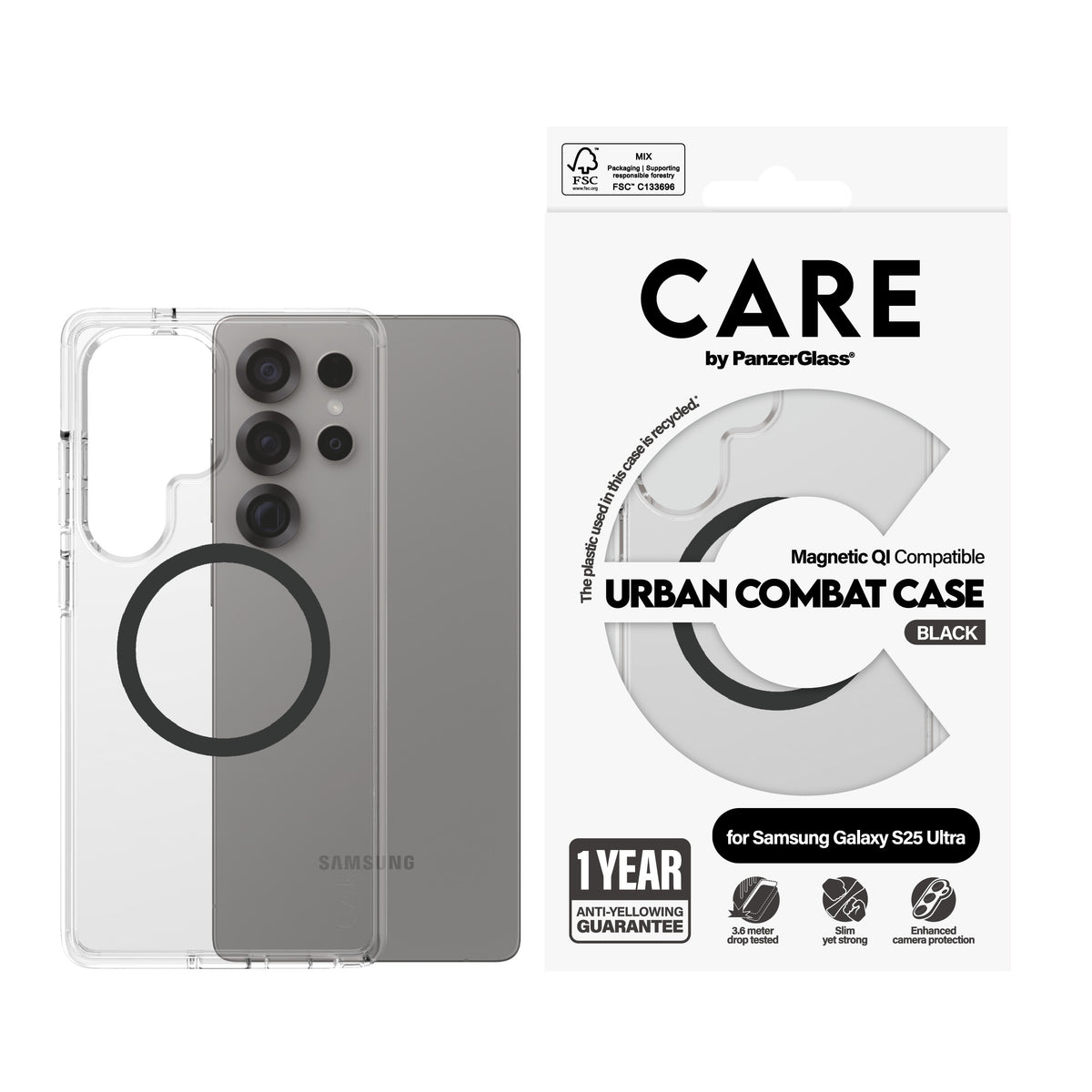 PanzerGlass CARE™ by ® Funda Urban Combat Transparente con Qi compatible Negro (CRRFUBQG38488)