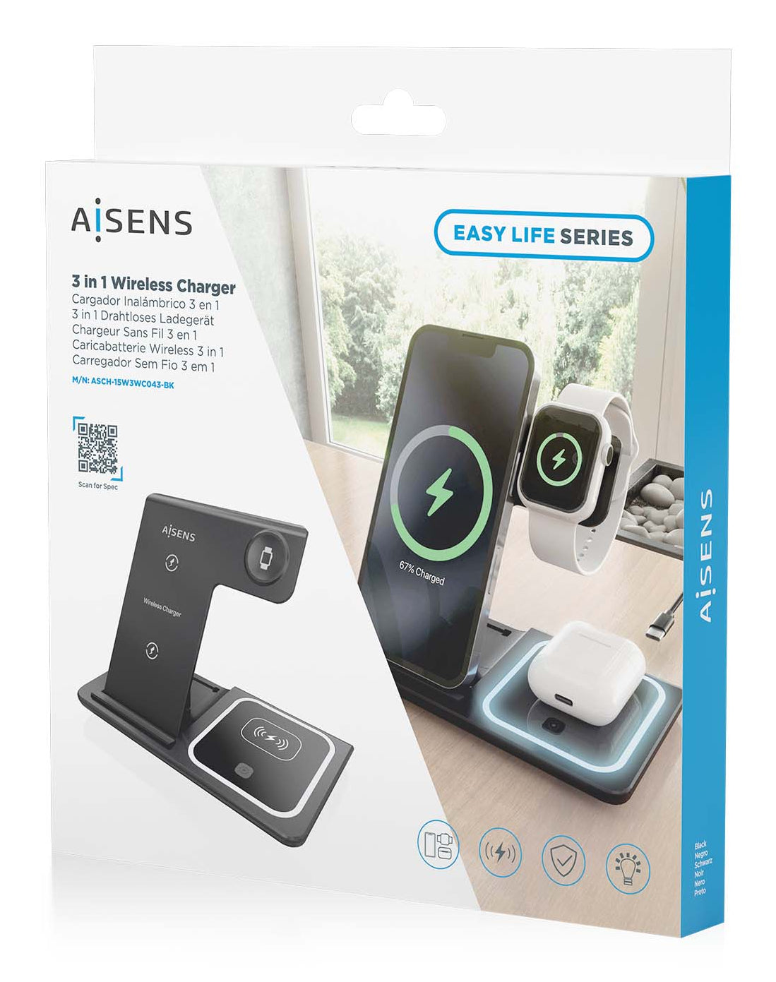 AISENS ASCH-15W3WC043-BK cargador de dispositivo móvil Auriculares, Teléfono móvil, Smartphone, Reloj inteligente Cargador inalámbrico Carga rápida Interior (8)