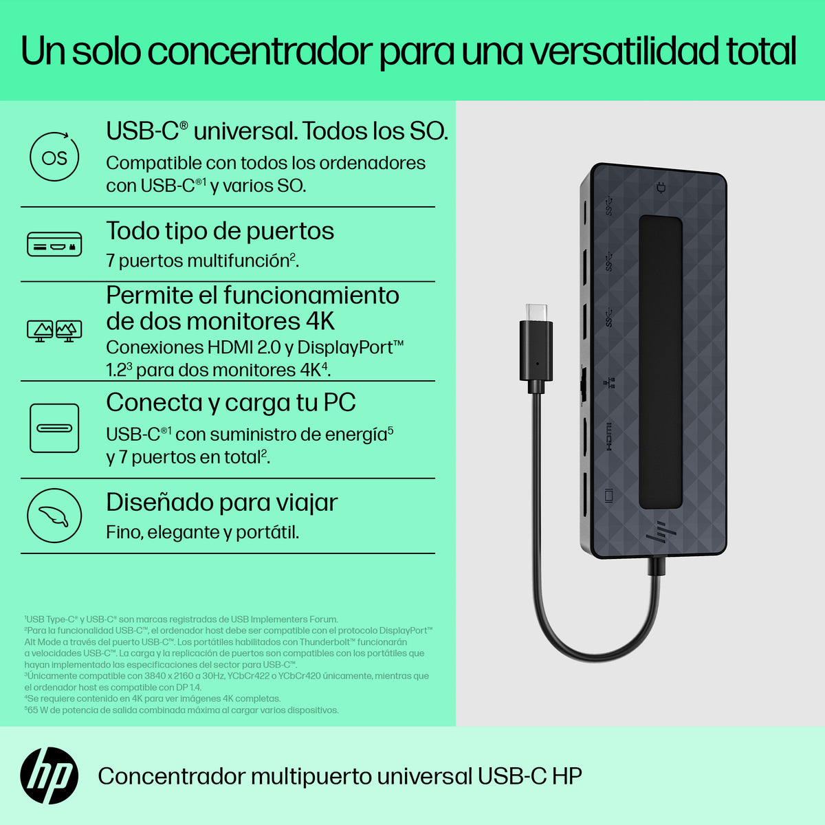 HP Universal USB-C Multiport Hub USB 3.2 Gen 1 (3.1 Gen 1) Type-C Negro (DOC0253A)