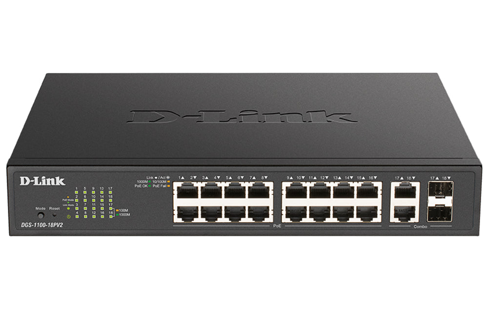 D-Link DGS-1100-18PV2 switch Gestionado L2 Gigabit Ethernet (10/100/1000) Energía sobre Ethernet (PoE) 1U Negro