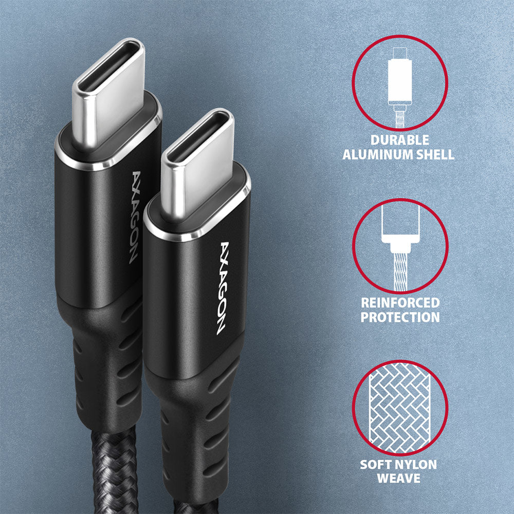 Axagon Data and charging USB 2.0 cable 1.5 m long. PD 60W, 3A. Black braided. cable USB 1,5 m USB C 0,48 Gbit/s Negro (3)