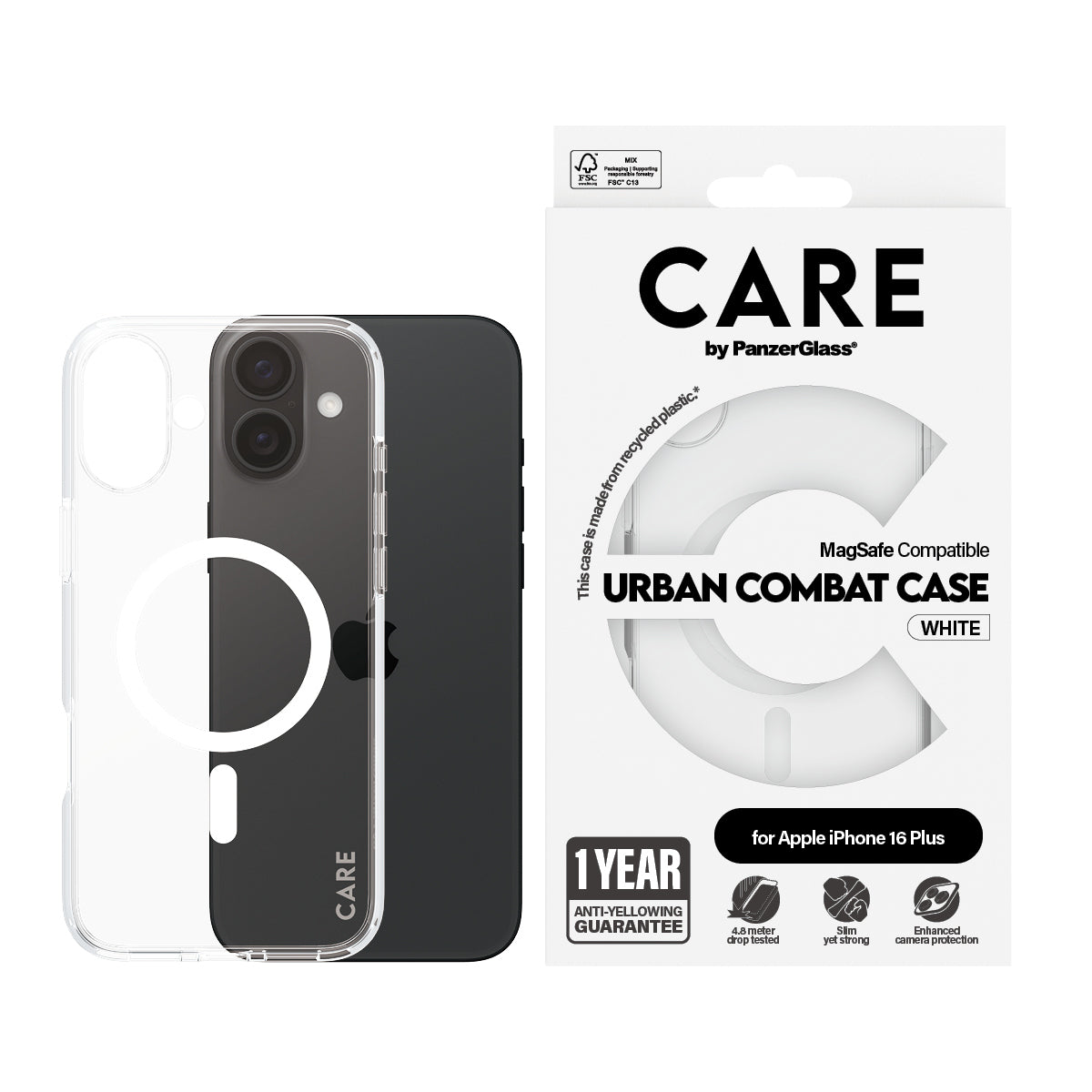PanzerGlass CARE™ by ® Urban Combat Case Transparent w. White MagSafe iPhone 16 Plus funda para teléfono móvil Transparente (2)