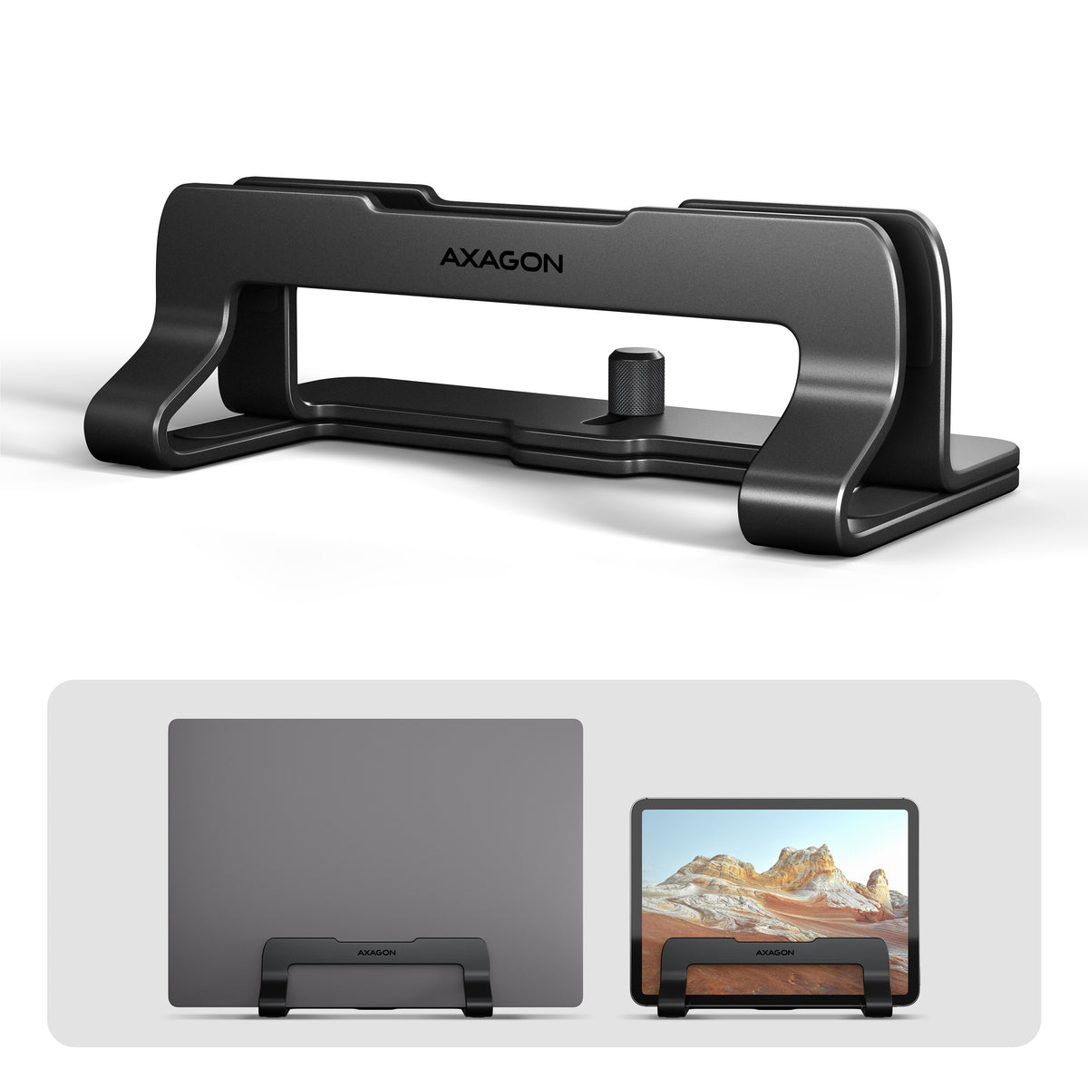 Axagon STND-VB Vertikaler Laptop-Ständer, einstellbare Breite, Aluminium Soporte para ordenador portátil y tableta Negro 43,9 cm (17.3")