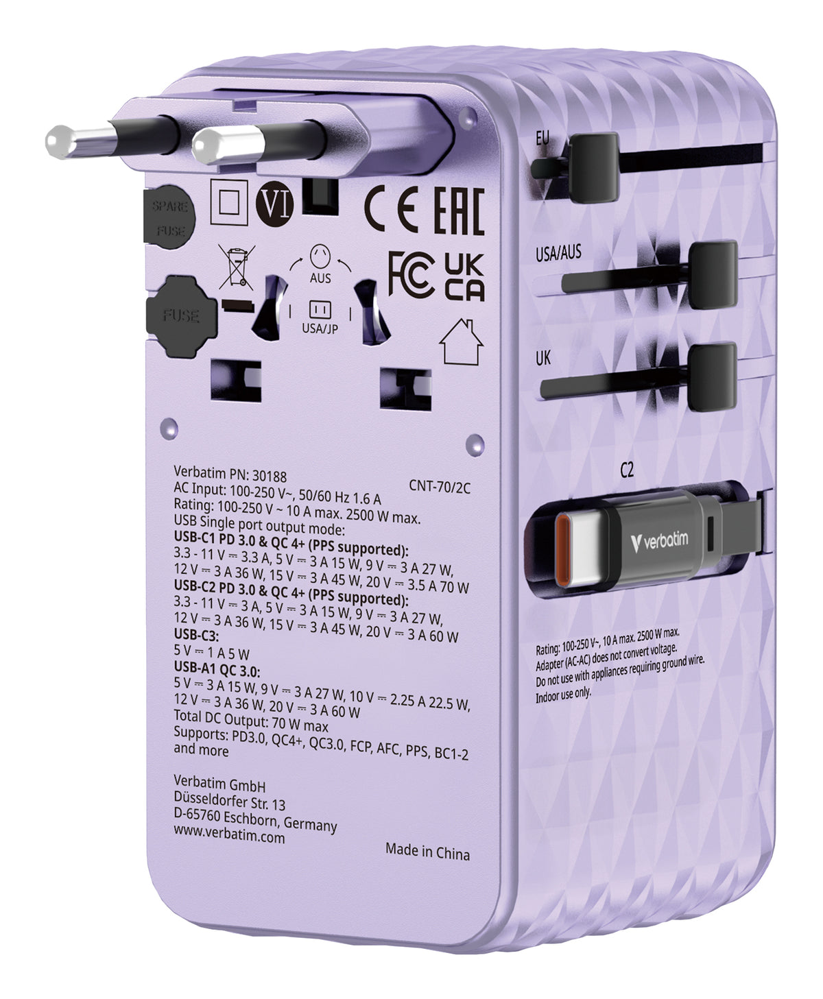 Verbatim Charge 'n' Travel 70W Universal Púrpura Corriente alterna Carga rápida