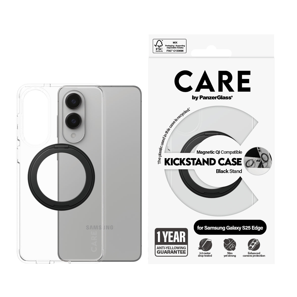 PanzerGlass CARE™ by ® Kickstand Case Transparent w. Qi Samsung S25 Edge funda