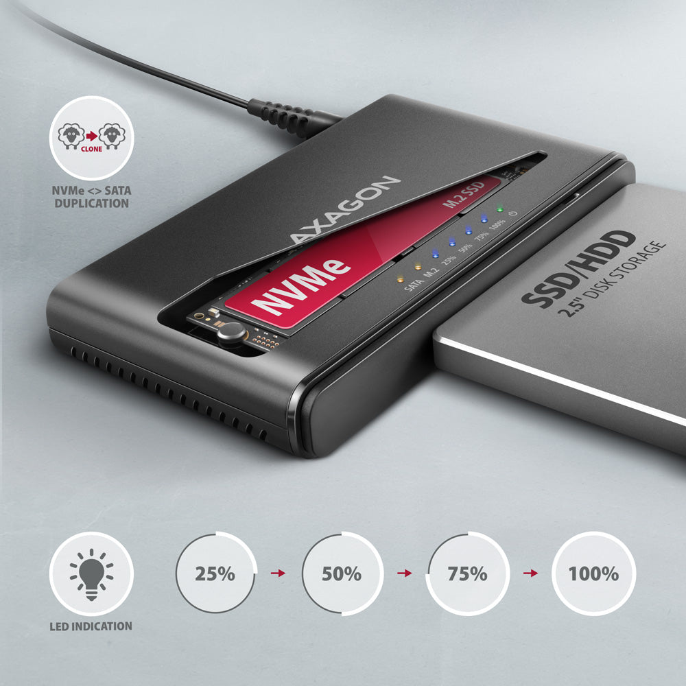 Axagon ADSA-CC USB-C 10Gbps - NVMe M.2 SSD & SATA 2.5/3.5 SSD/HDD CLONE MASTER 2 - Digital/Daten - NVMe USB 3.2 Gen 2 (3.1 Gen 2) Type-C Negro (4)