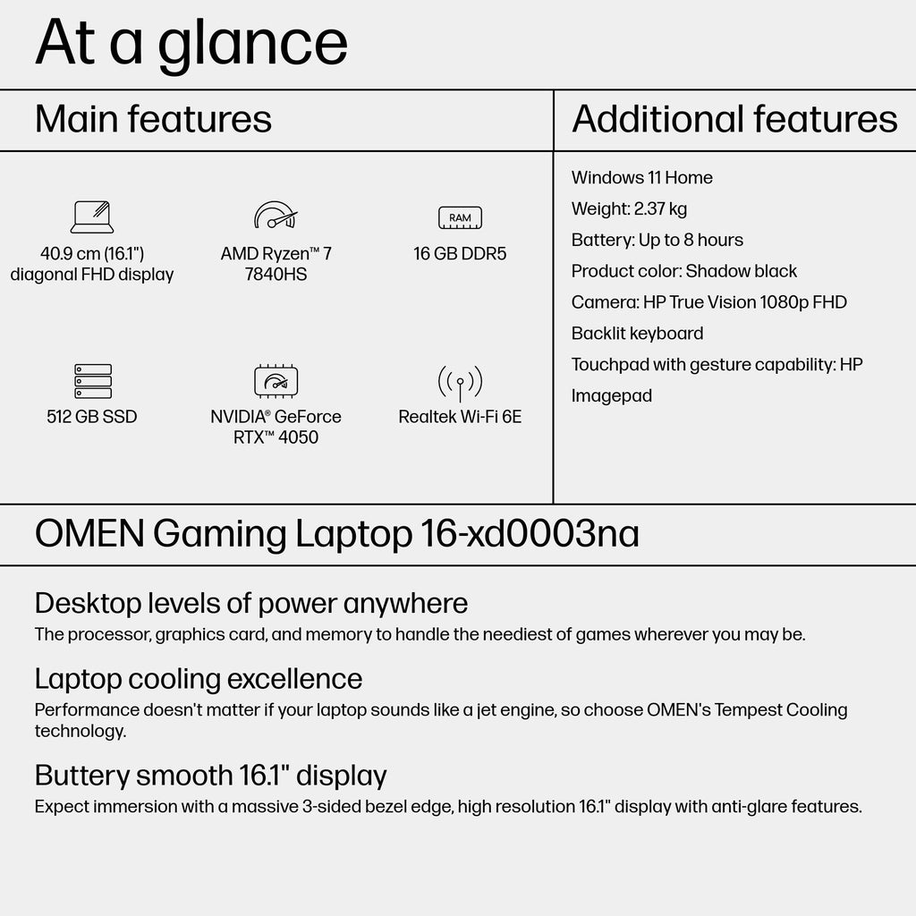 OMEN by HP OMEN 16-xd0003na AMD Ryzen™ 7 7840HS Laptop 40.9 cm (16.1") Full HD 16 GB DDR5-SDRAM 512 GB SSD NVIDIA GeForce RTX 4050 Wi-Fi 6E (802.11ax) Windows 11 Home Black (4)