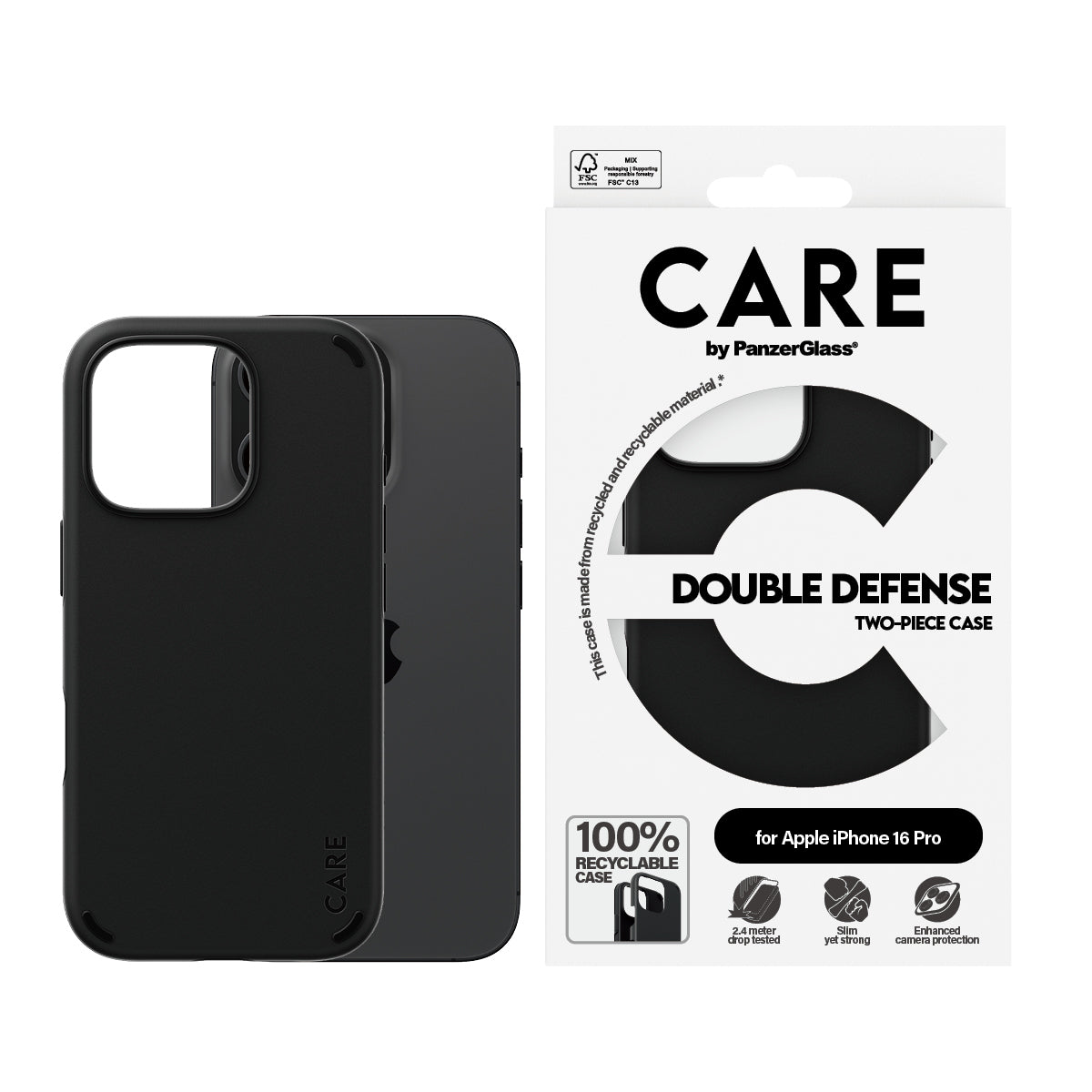PanzerGlass CARE™ by ® Double Defense Case Black iPhone 16 Pro funda