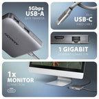 Axagon N HMC-5HL USB 5Gbps hub 2x USB-A HDMI 4k/60Hz RJ-45 GLAN PD 100W kabel USB-C Alámbrico USB 3.2 Gen 1 (3.1 Gen 1) Type-C Plata (3)