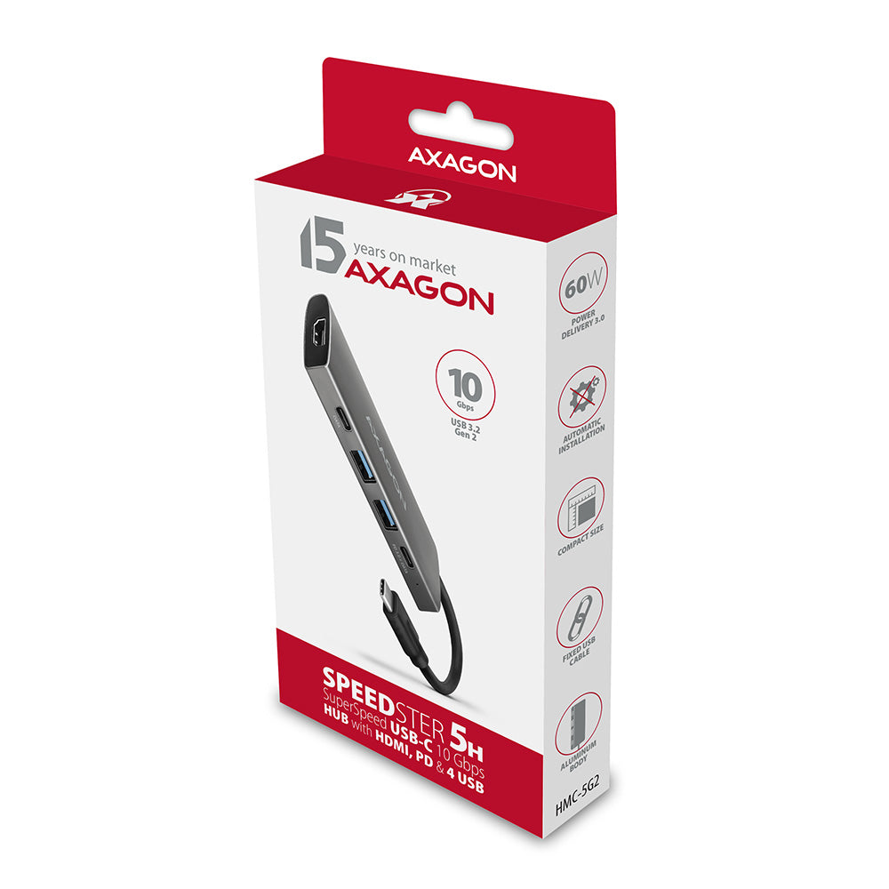 Axagon HMC-5G2 base para portátil y replicador de puertos Alámbrico USB 3.2 Gen 2 (3.1 Gen 2) Type-C Gris (2)