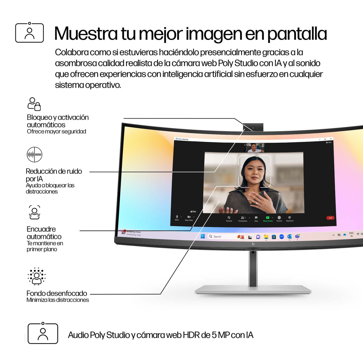 HP Series 7 Pro 34 inch WQHD Conferencing Monitor - 734pm pantalla para PC 86,4 cm (34") 3440 x 1440 Pixeles Wide Quad HD LCD Negro, Plata (8)