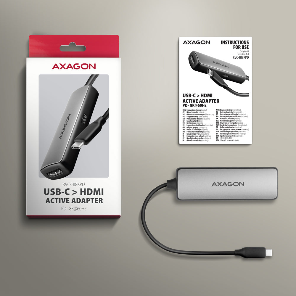 Axagon RVC-HI8KPD, USB-C -> HDMI 2.1 redukce / adaptér, 8K/60Hz, 4K/144Hz, HDR10+, PD100W 0,16 m USB Tipo C HDMI + USB Type-C (7)
