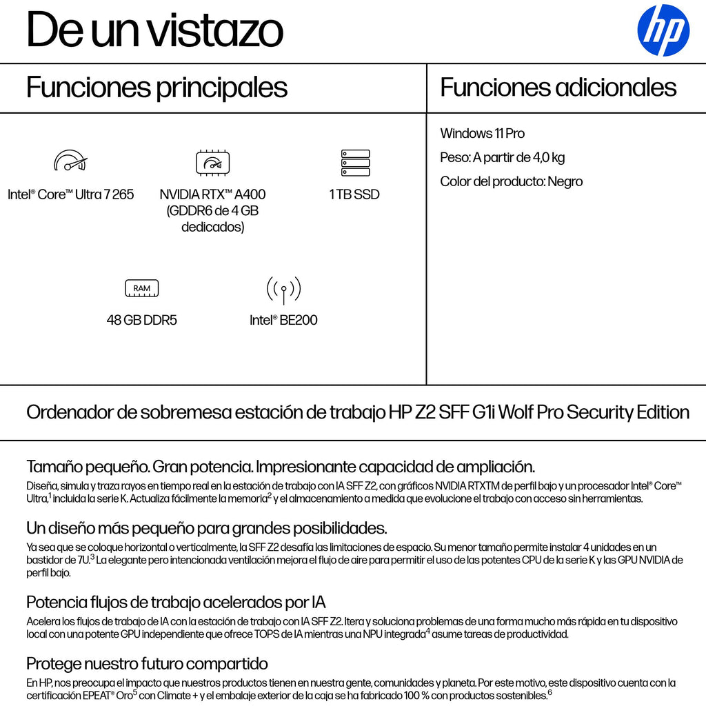 HP Z2 SFF G1i Workstation Desktop PC Wolf Pro Security Edition Intel Core Ultra 7 265 48 GB DDR5-SDRAM 1 TB SSD NVIDIA RTX A400 Windows 11 Pro Puesto de trabajo AI Workstation, AI PC Negro (4)