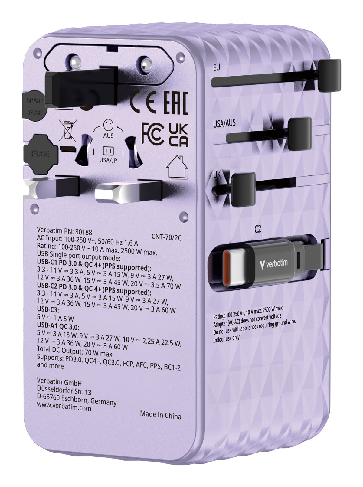 Verbatim Charge 'n' Travel 70W Universal Púrpura Corriente alterna Carga rápida