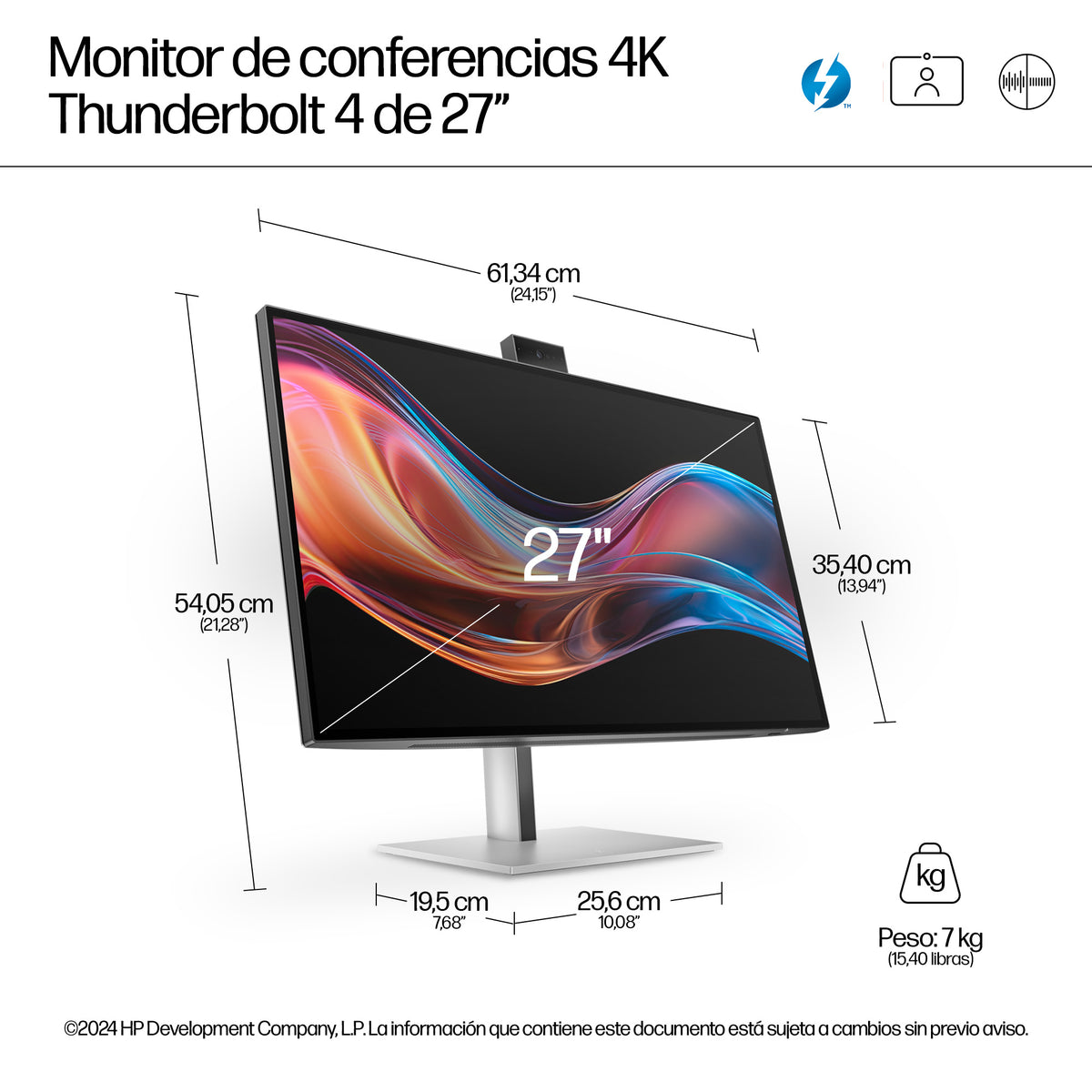 HP Series 7 Pro 27 inch 4K Conferencing Monitor - 727pm pantalla para PC 68,6 cm (27") 3840 x 2160 Pixeles 4K Ultra HD LCD Negro (5)