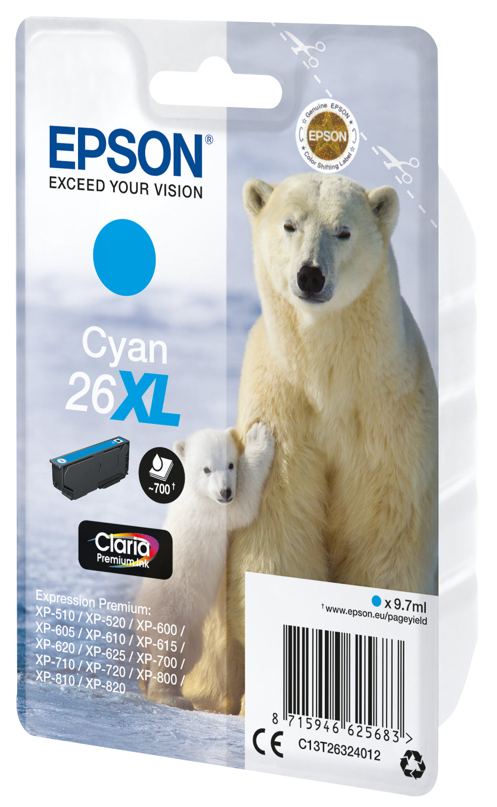 Epson C13T26324012 - 8.7 ml, XL, cián, original, blíster, cartucho de tinta