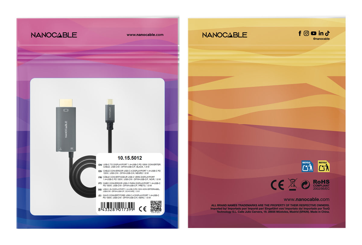 Nanocable 10.15.5012 adaptador de cable de vídeo 1,8 m USB Tipo C DisplayPort + USB Type-C Negro (5)